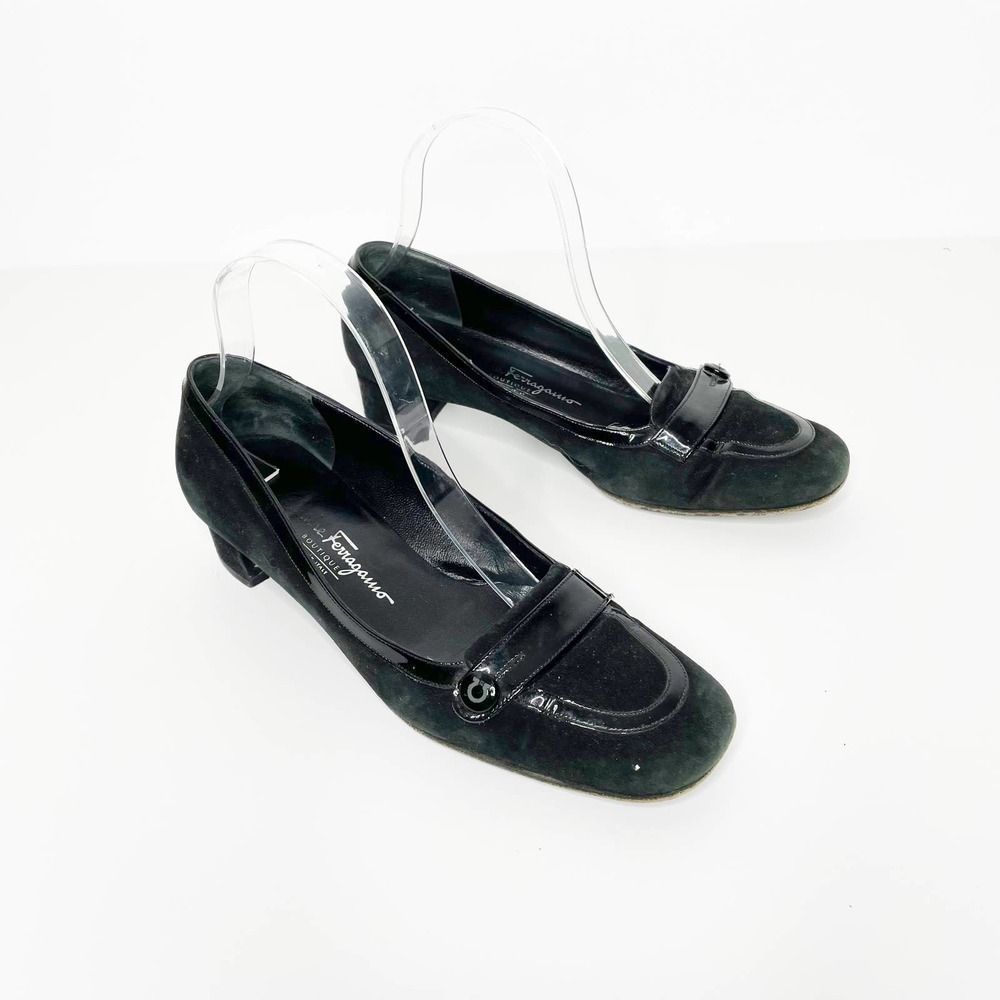 Vintage Salvatore Ferragamo Loafer pump suede square toe black womens us 8